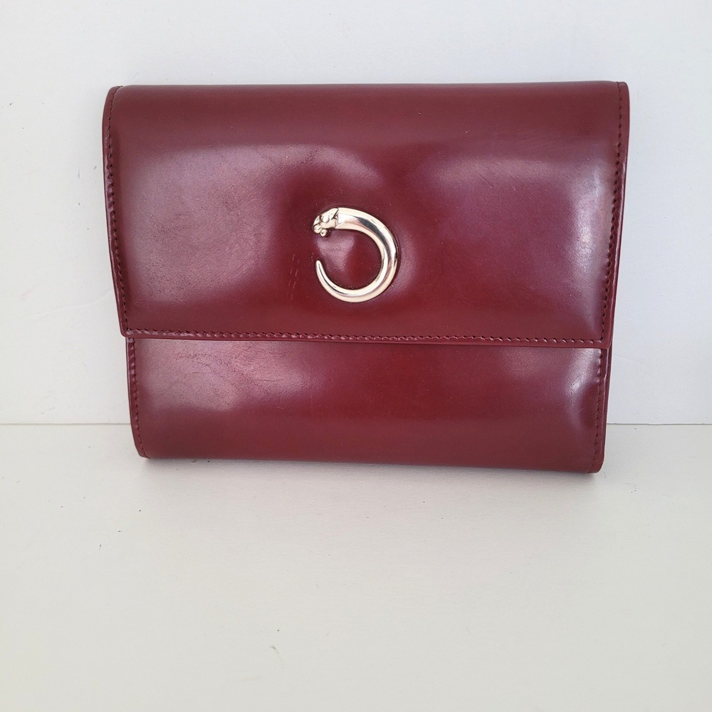 Cartier Paris Panthere Burgundy Leather Bifold Wallet Silver Panther Logo France
